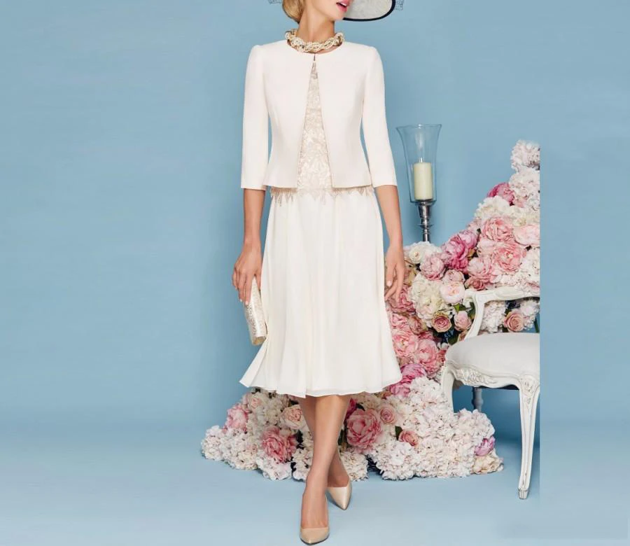 

Chiffon 3/4 Sleeves Vintage Tea Length Mother Of The Bride Dress With Jacket Vestidos Madre Novia