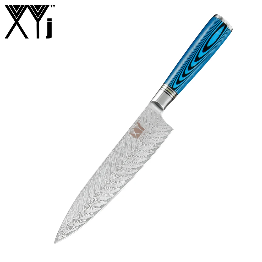 XYj Damascus Steel 8 inch Chef Knife Blue Non slip Handle Sharp VG10 Good Toughness Blade Knife