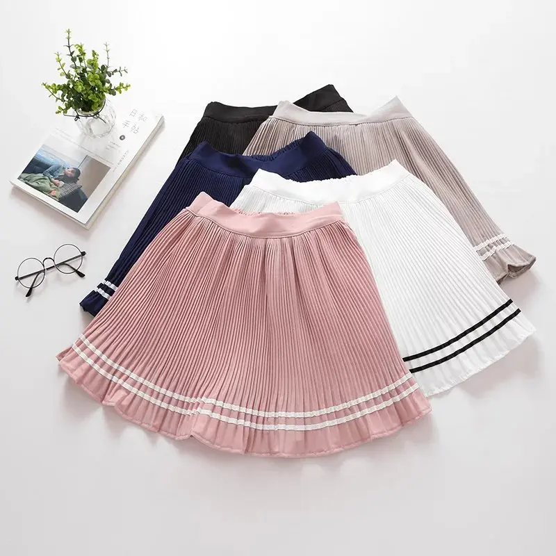 

2017 spring and summer small fresh striped with underpants chiffon pleated bust shirt elastic waist A line student short skirt