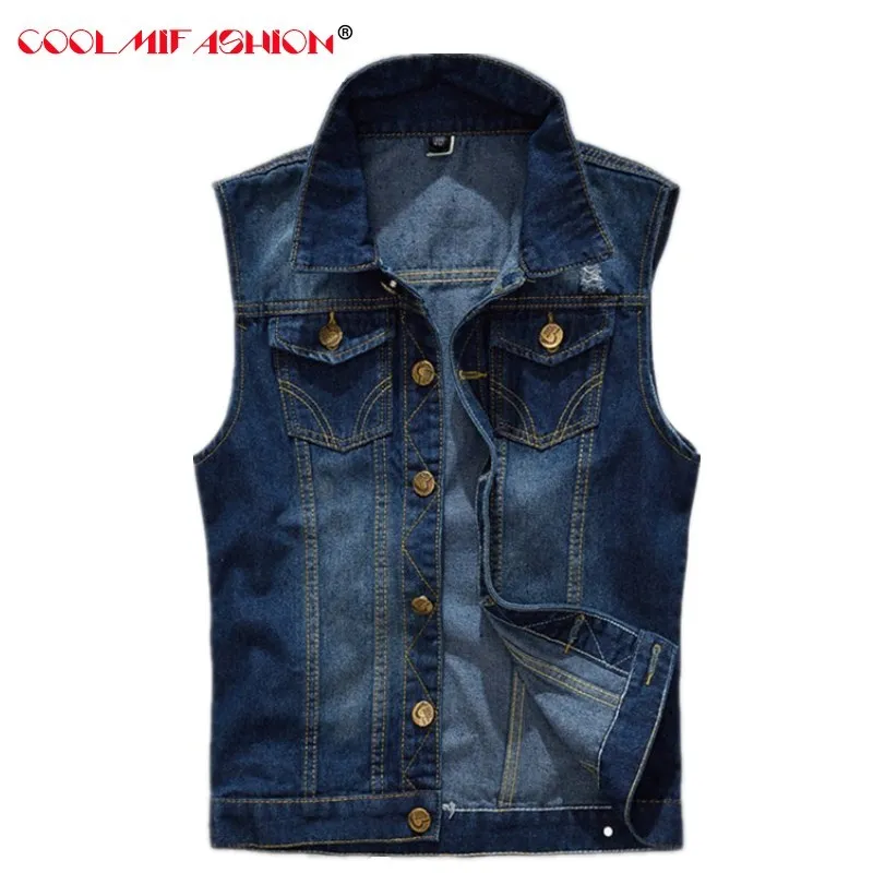 

CooLMiFashion New Style Men's Denim Vest Spring Summer cotton slim jacket vests sleeveless waistcoat denim jacket outerwear Coat