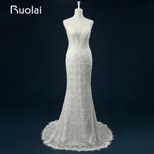 Elegant 2016 Real V-Neck Beaded Straps Mermaid Lace Wedding Dress Vestido de Novia Low Back Ribbon Bridal Wedding Gown ASAFN45