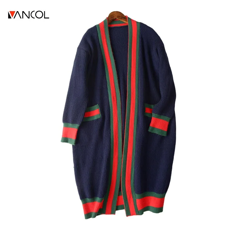 vancol brand long sleeve laides striped sweater pockets long knitted cardigans oversize women winter cardigan femme hiver