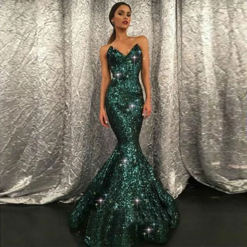 

Women's New Arrival Classic Strapless Prom Gowns V-neck Sequinated Mermaid Floor Length Dresses Sequin Evening Party Dresses
