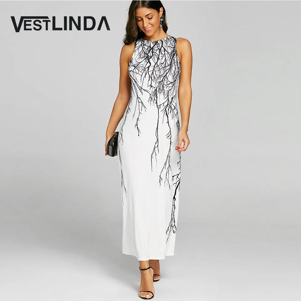 

VESTLINDA Branch Print Maxi Party Dress Women Summer Long Dresses Round Collar Short Sleeves Ankle-Length Trapeze Dress Robe New