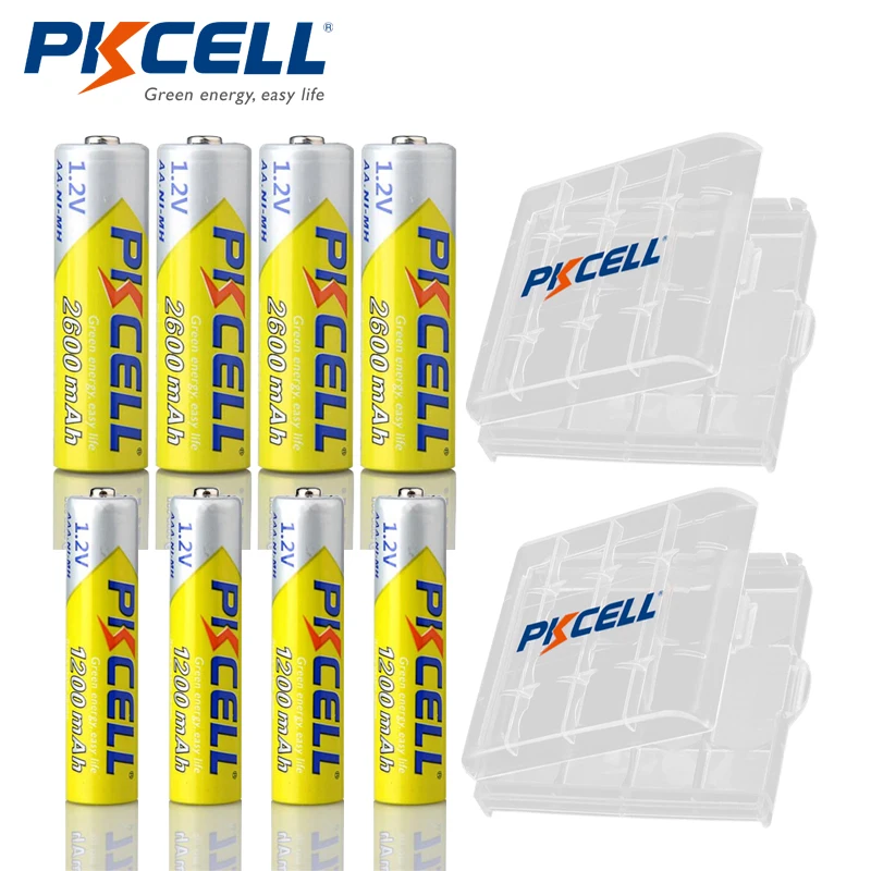 PKCELL 4 шт никель-металл-гидридных аккумуляторов AA 2600mAh 1,2 V+ 4 шт никель-металл-гидридных аккумуляторов AAA 1200mAh 1,2 V никель-металл-гидридных аккумуляторов+ 2 шт чехол с держателем батареи