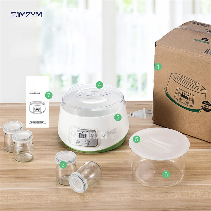 ZCW-S03 Fully Automatic Yogurt Makers Household Multifunctional White Natto Rice Wine Machine with Four Glass Liner Sub-cup 1.3L