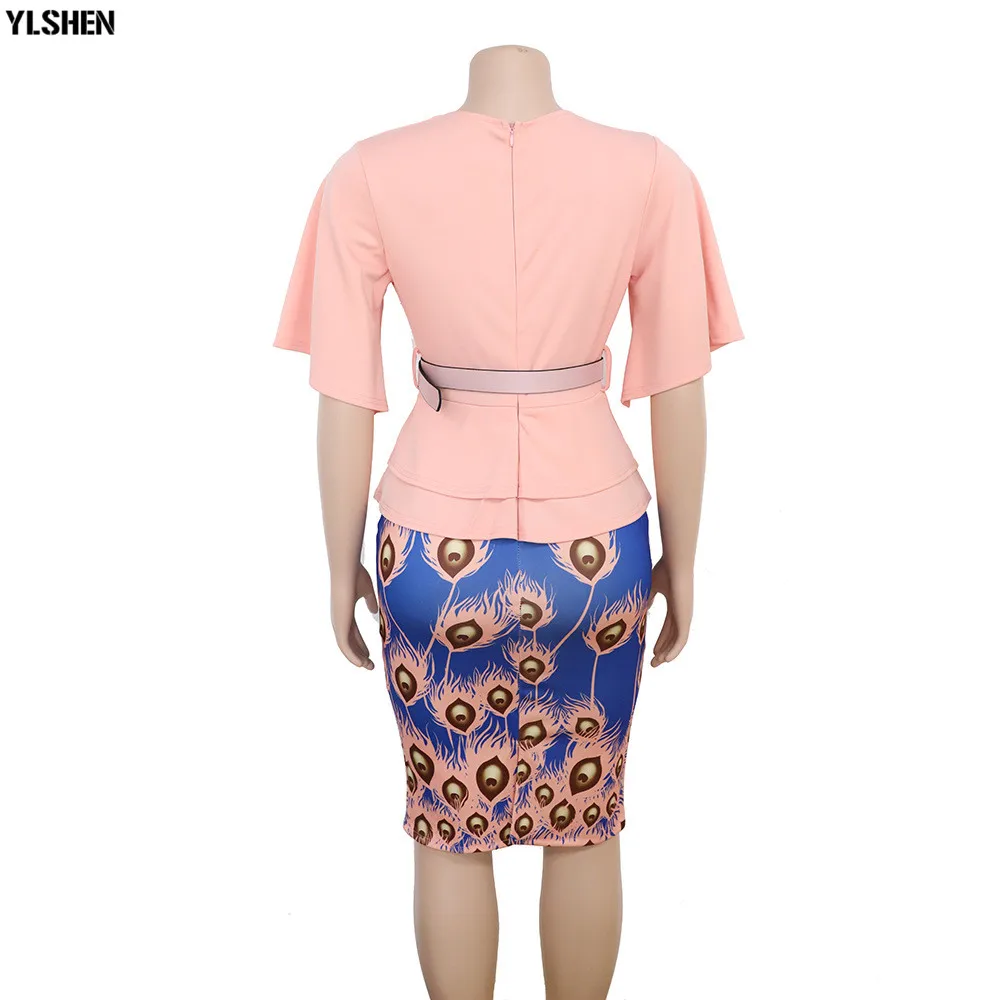 African Dresses for Women Dashiki African Clothes Fake 2PC Set Print Patchwork Bazin Riche Sexy Slim Office Elegant Africa Dress 06