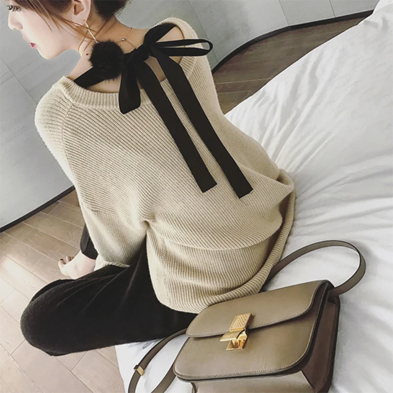 2021 Korean version Bow Lace-up Women Sweaters Autumn winter Knitted V-neck Long sleeve Pullovers Sweater aa1032 | Женская одежда