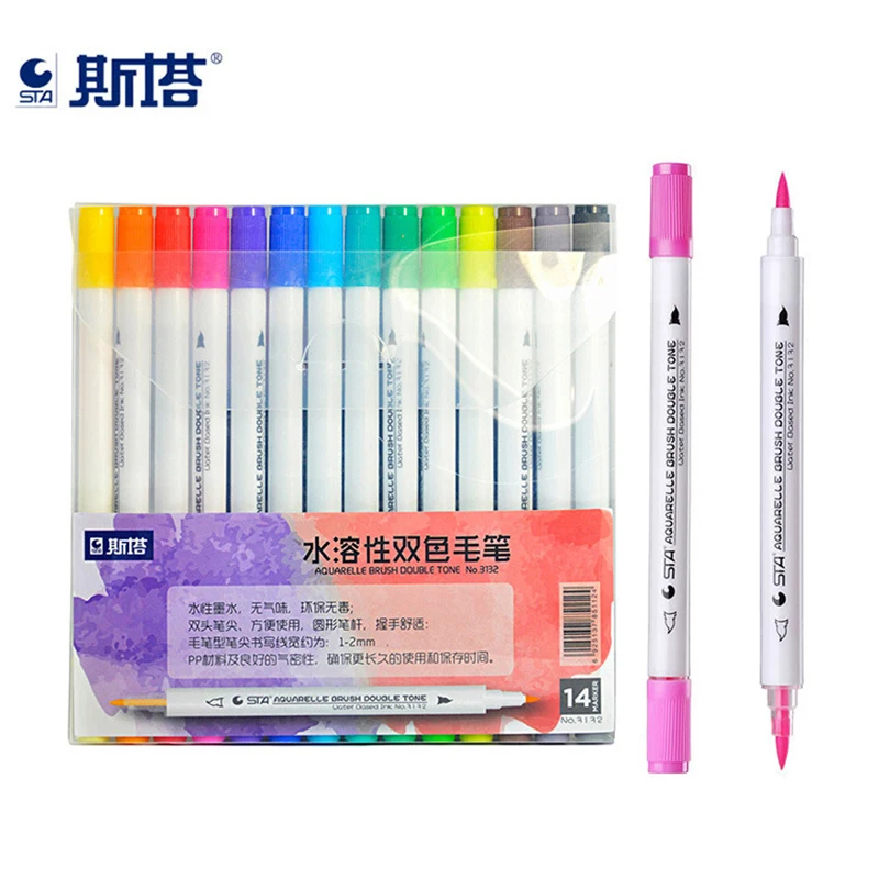 

STA 14pcs/lot 28 Gradient Colors Dual Tip Watercolor Brush Markers Water-Soluble Lettering Marker Pens Coloring Book Drawing