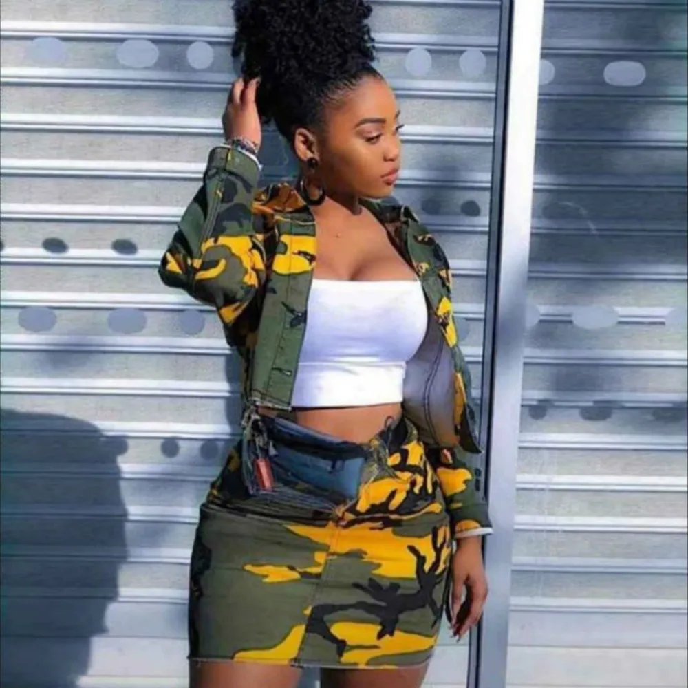 

Women Suit Camouflage Jeans Short Coat +Denim Skirt Summer 2pcs Clothing Sets For Ladys Sexy Outwear Suit