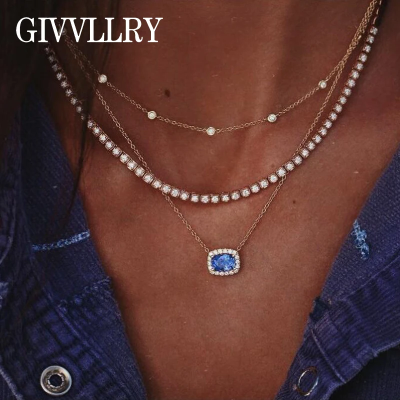 

GIVVLLRY Blue Crystal Pendant Necklace Fashion Jewelry Elegant Rhinestones Ice Out Tennis Chain Multilayered Necklace for Women