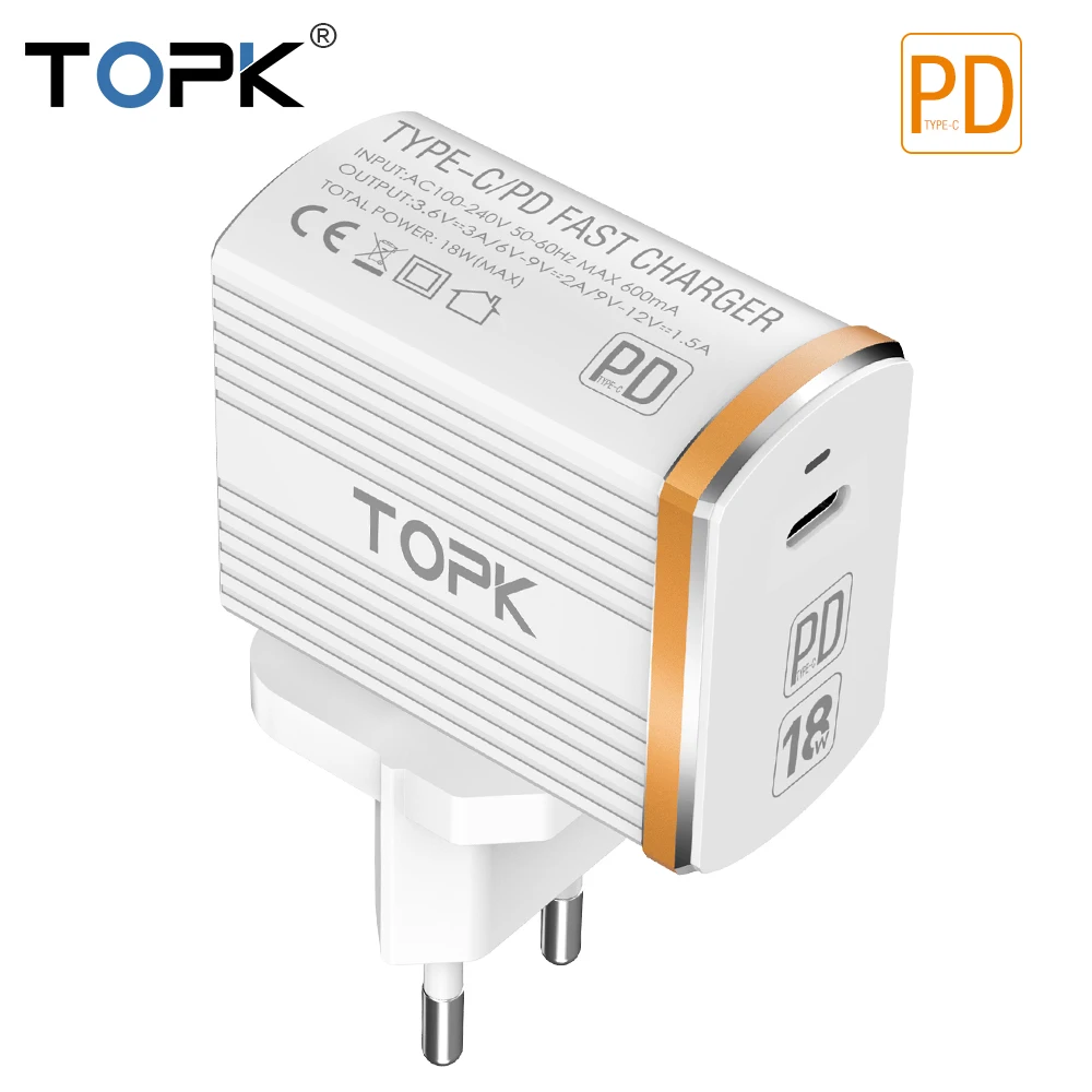 TOPK B135P 18 Вт Тип C PD Быстрая зарядка USB зарядное устройство для samsung Galaxy S9 S8 Plus EU/UK