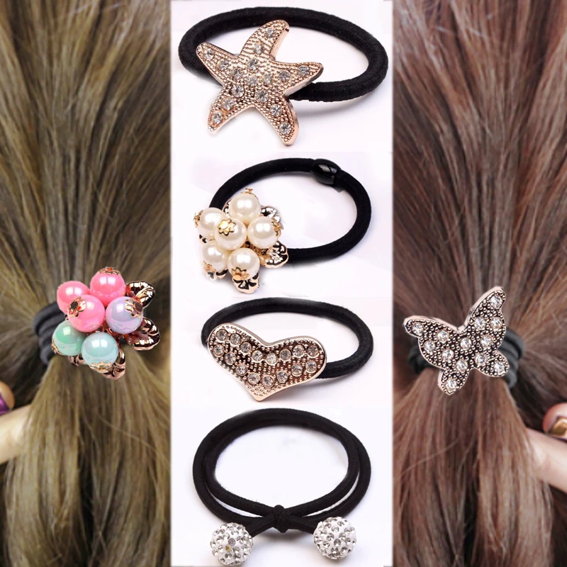 

Fashion 1PC/2PCS Rubber Band Butterfly Starfish Round Ball Heart 2018 New Arrival Crystal Elasticity Pearl Wing High Elasticity