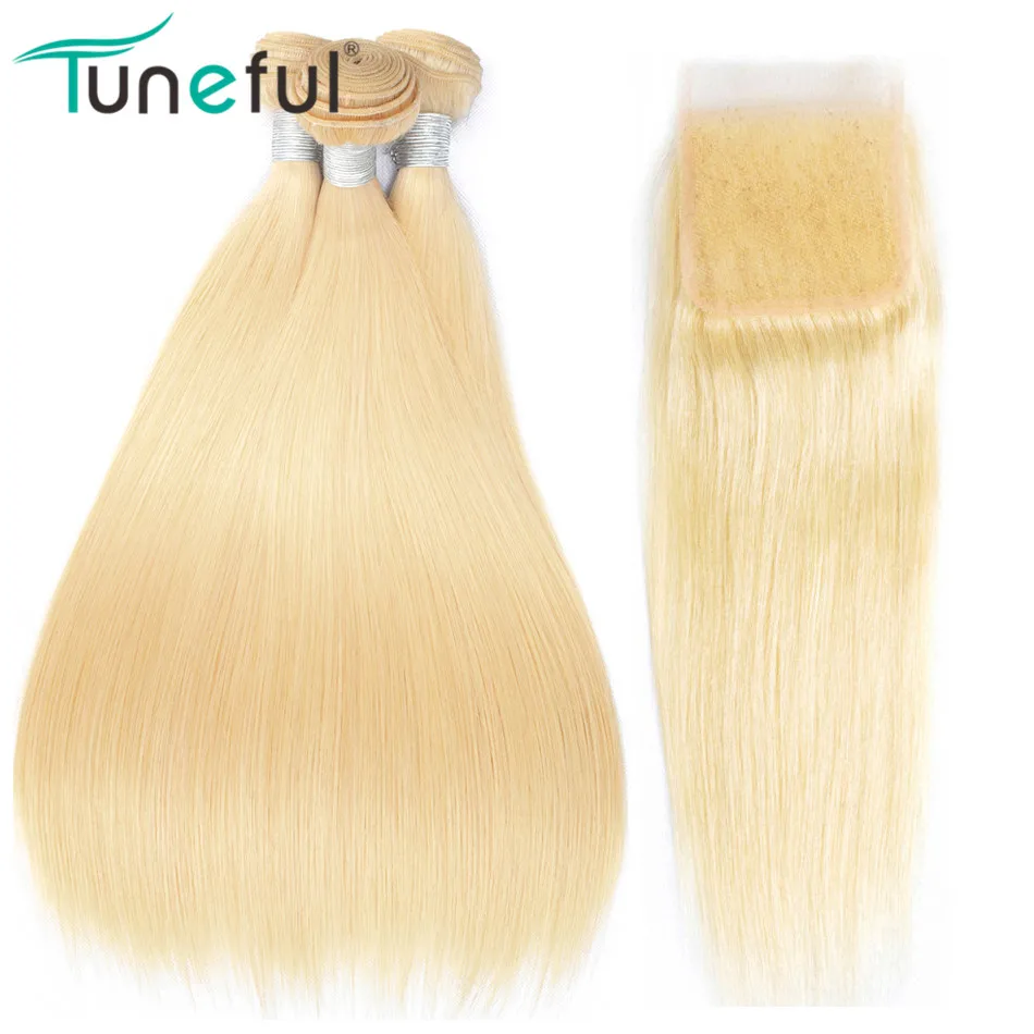 613 Bundles with Closure Straight Tuneful Brazilian Remy Hair Weave 3 Blonde Human Weft | Шиньоны и парики