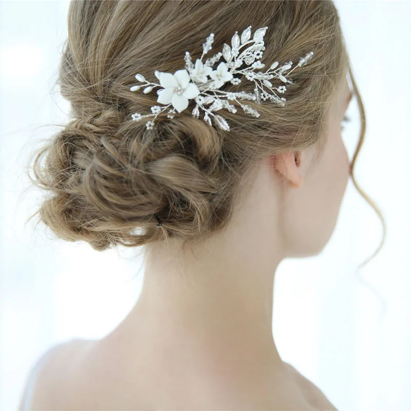 Floralbride Handmade Wired Crystal Pearl Flower Leaf Wedding Hair Clip Barrettes Bridal Headpieces Hair accessories Bridesmaids