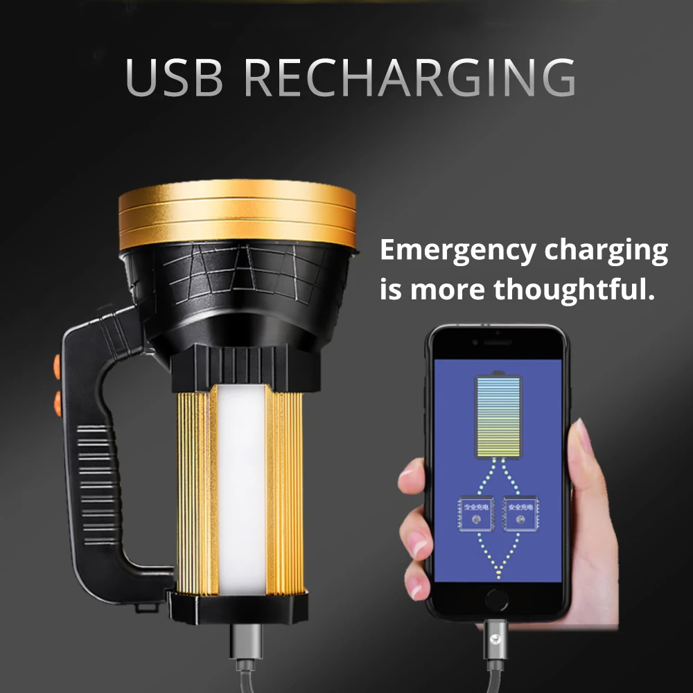  160W Ultra Powerful LED Searchlight USB Charging Flashlight Rechargeable Built-in 18650 Battery Tac