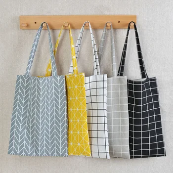 

Fashion Reusable Shopping Canvas Tote Bag Women Cotton Linen Single Shoulder Bags Check Plaid Female Flax Grocery Bag
