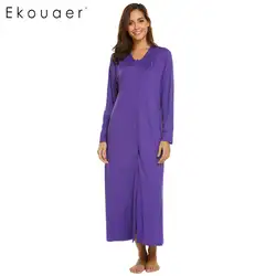 Ekouaer однобортный Повседневный однотонный v-образный вырез с длинным рукавом женский передний халат ночная рубашка