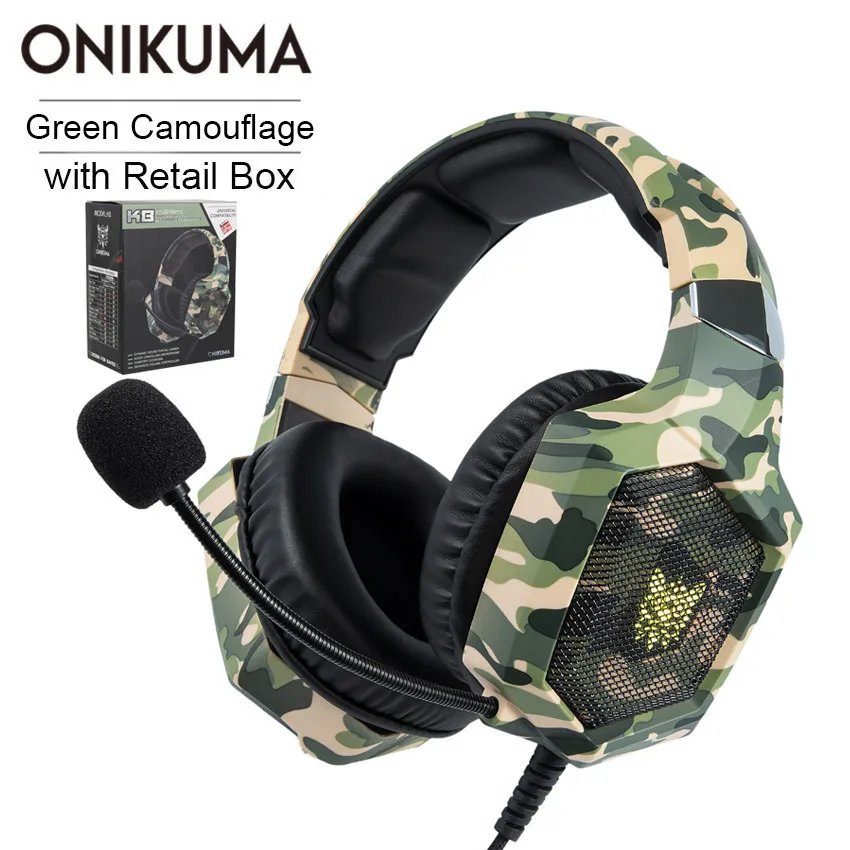 Green with RetailBox ONIKUMA K8 casque PS4 Игровые наушники PC стерео гарнитура наушники для геймеров с микрофоном светодиодный для компьютера ноутбука Xbox One - Цвет: Green with RetailBox
