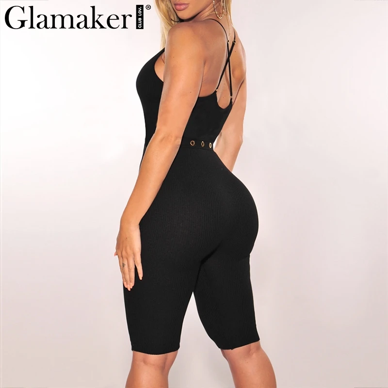 Glamaker Пояс кушак v шеи bodycon комбинезон ремешок комбинезона вязание сексуальный черный комбинезон женский летний комбинезон комбинезоны, комбишорты