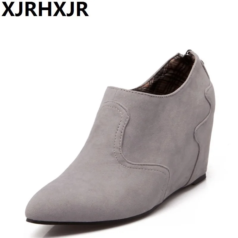 

XJRHXJR 2019 Fashion Zipper Wedges Heel Women Ankle Boots All Match Pointed Toe Suede PU Leather Wome Boots Black Grey