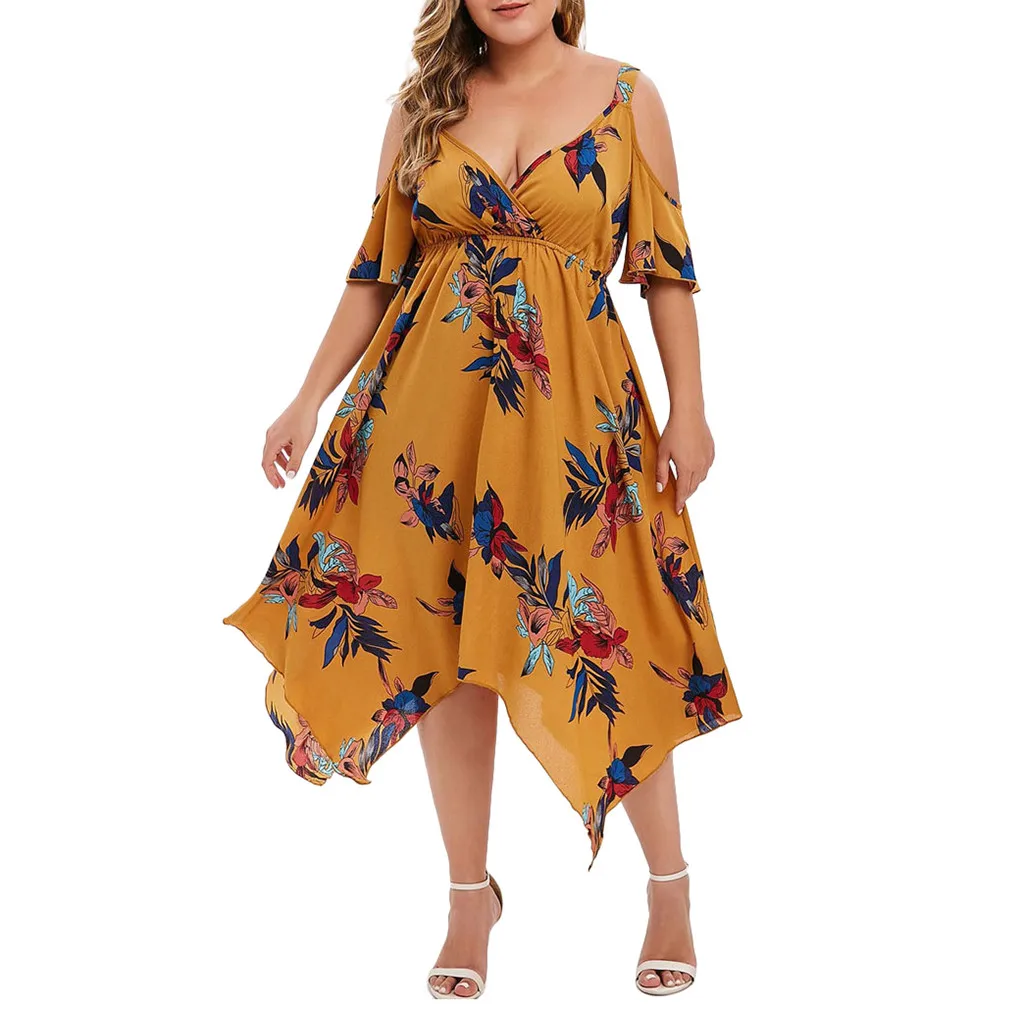 

JAYCOSIN clothes dress Plus Size Fashion Women Floral Printed Short Sleeve V-Neck Cold Shouder sweet Dress 2019