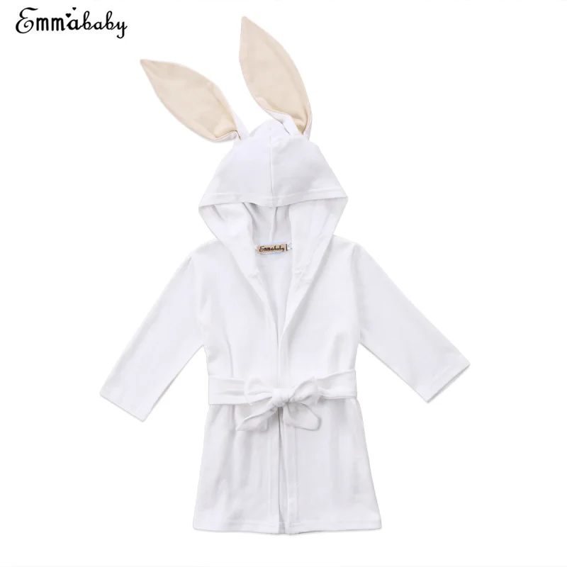Kawaii Sleepwear Baby Hooded Bath Robe Cute Long Rabbit Ear Bathing Towel Sleepwears White