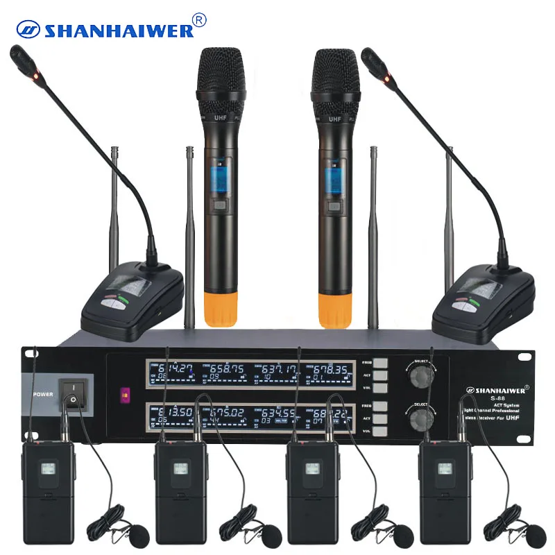 

Portable Studio Speech Stand Mic With Holder 8CH UHF wireless microphone Sound System with handheld gooseneck tie clip mics