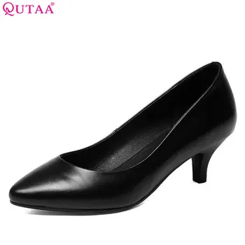 

QUTAA 2018 Women Pumps Westrn Style High Quality Women Shoes Cow Leather + Pu Thin High Heel Platform Women Pumps Szie 33-42