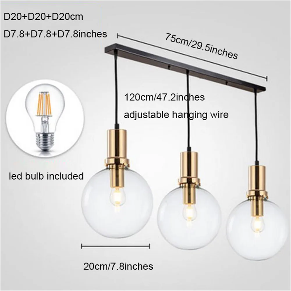 E27 светодиодный светильник, люстра для столовой, современный черный золотой блеск, прозрачный глобус, стеклянный абажур, декоративные люстры для освещения острова - Цвет абажура: D20cm gold 3line