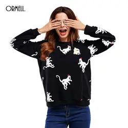 Ormell Мода обезьяна печатных Для женщин толстовка черные осенне-зимний пуловер с длинным рукавом Свободные женские Повседневное кофты Топы