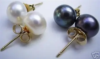 

13377 2 Pairs 10-11mm AAA White Black South Sea Pearl gold earrings 5.3