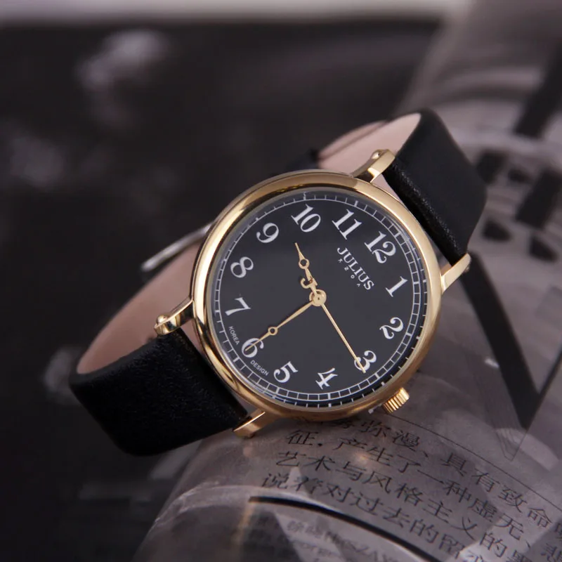 Новые женские часы Япония Кварцевые большое количество тонкой моды часов платье браслет простой кожаный подарок на день рождения для девочек Julius Box - Цвет: Черный
