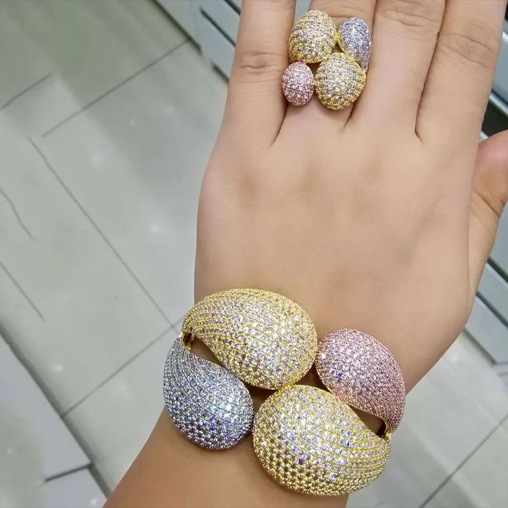 

GODKI Luxury Big Delicate Luxury Multicolor Cubic Zirconia Party Wedding Saudi Arabic Dubai Bangle Ring Set