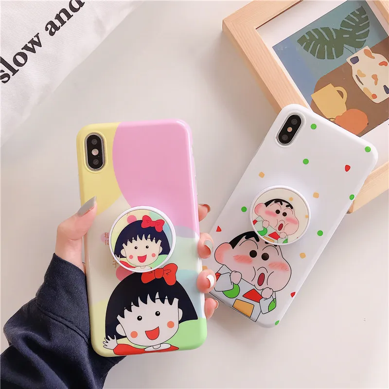 

Cute Crayon Shin-chan Chi-bi Maruko soft IMD Cover for iphone 6 6s 7 8 plus X Xs Max XR Phone Case Expanding Stand Bracket Case