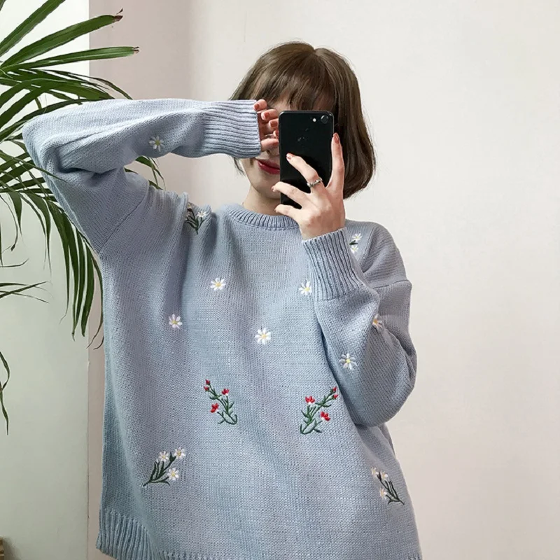 Winter Women's New Embroidered Sweater Casual Fashion Large Size Loose Korean Sweet Chic Tops Knitted O-neck Flower | Женская одежда