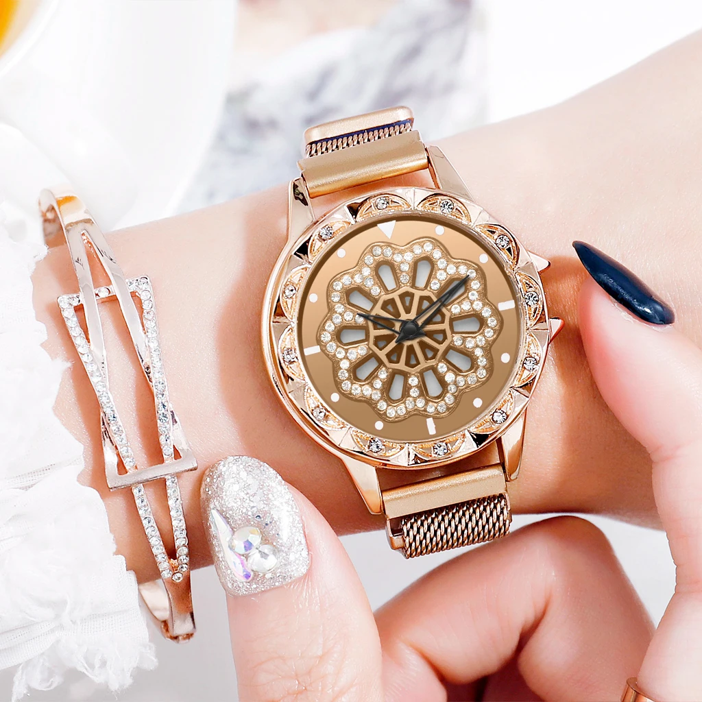 

360 Rotated Women Mesh Magnet Buckle Lucky Flower Watch Luxury Ladies Rhinestone Quartz Watch Relogio Feminino 2019 New