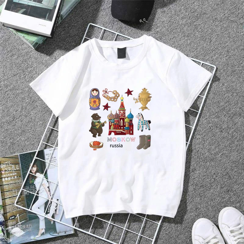 Модная футболка, Женская Классическая футболка из хлопка, Летние повседневные топы, символ России, белая рубашка для девочек