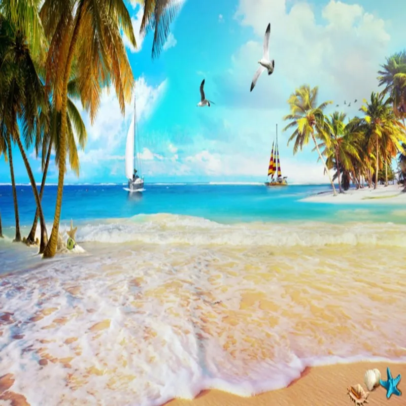Dropship Colomac Blue Wallpaper Beach Coconut Tree Seagull Sailing Ocean Landscape Wall Mural Bedroom Wand Tapeten | Обустройство