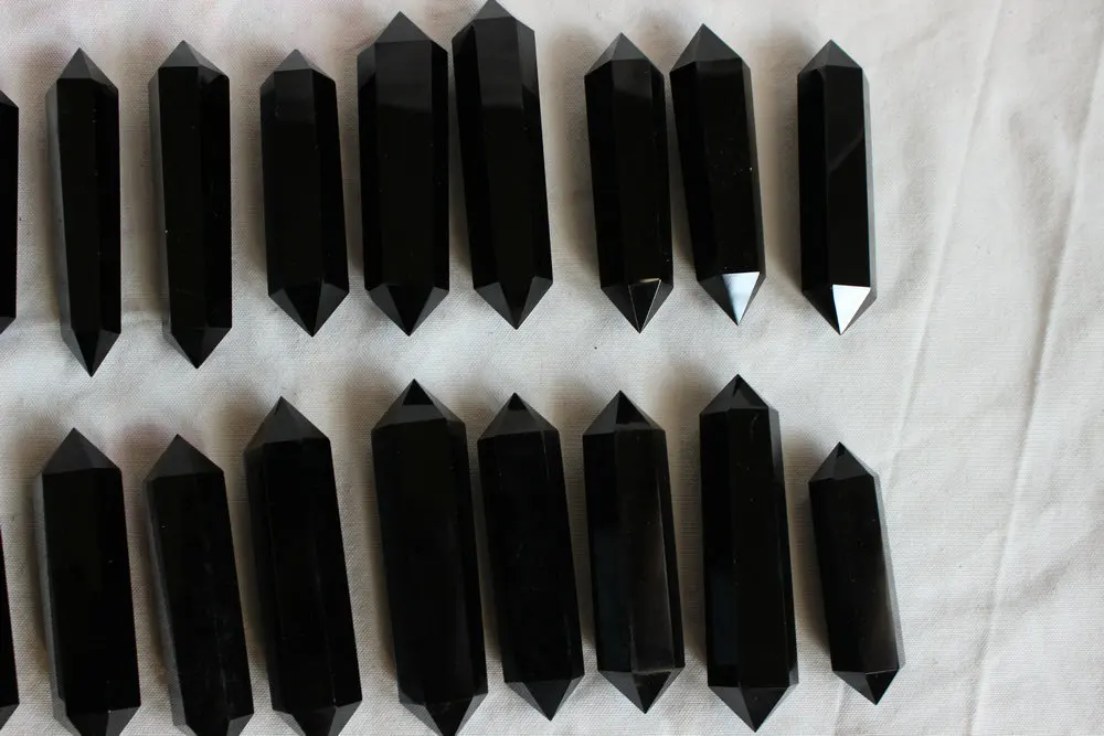 10 натуральный черный обсидиановый Кристалл двойные точки палочка полированный ИСЦЕЛЕНИЕ цена