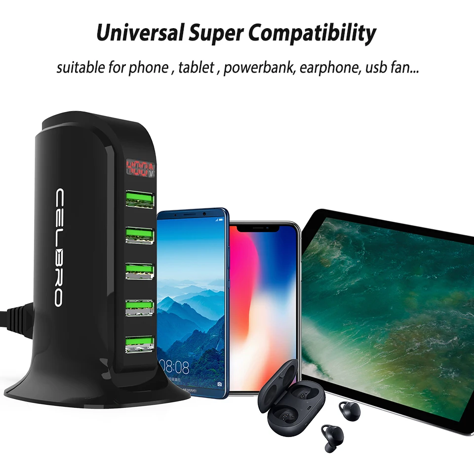 5 портов многократное Зарядное устройство USB концентратор светодиодный дисплей