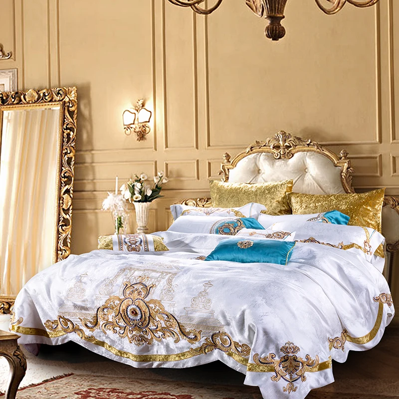 Waliicorners 4/6/9pcs Luxury 100S Cotton Bedding Set Duvet Cover Sheet Pillowcase King Queen Size White Linen 11 _H8A6266