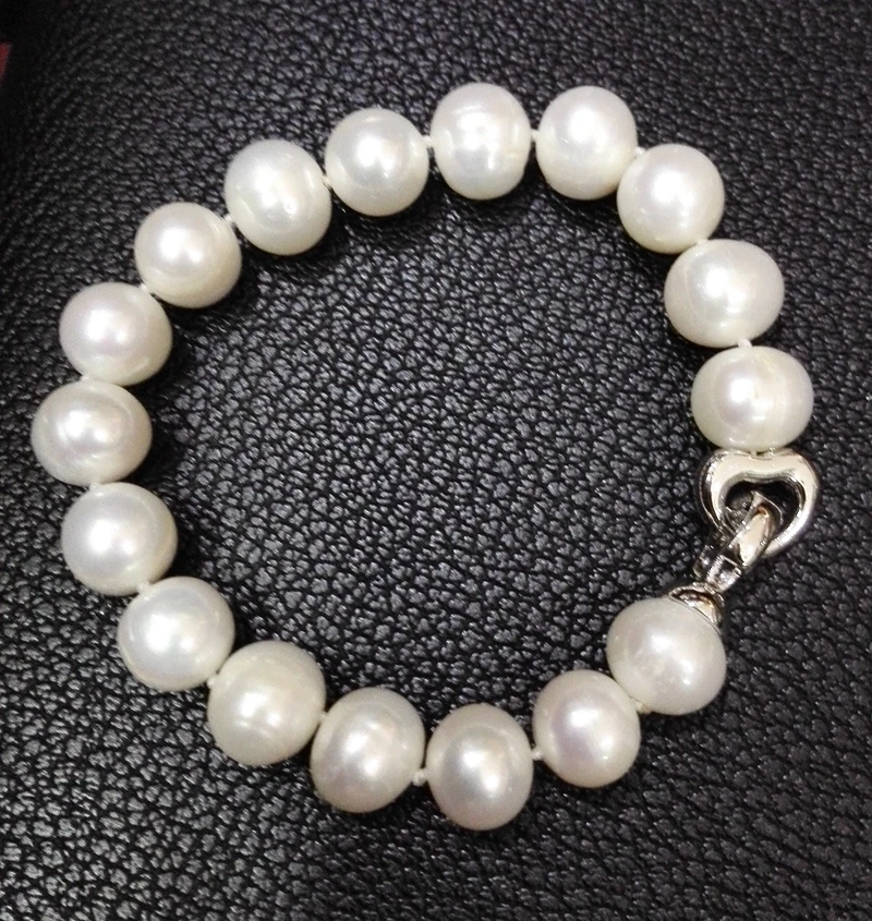 

Wedding Woman Jewelry Bracelet 7'' 18cm 12-14mm White Real Natural Freshwater Pearl Bracelet Hollow Heart Clasp