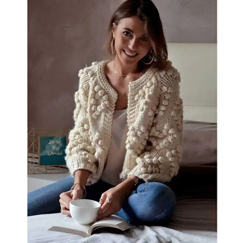 BOHO INSPIRED Pom poms cardigan Women's Heart Shape Balls Hand Knit