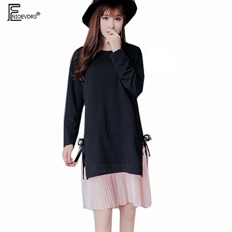 

Autumn Winter Basic Black Dresses Women Fashion Long Sleeve Patchwork Faux Two Piece Pleated Dress Plus Size Clothes 5XL 4XL