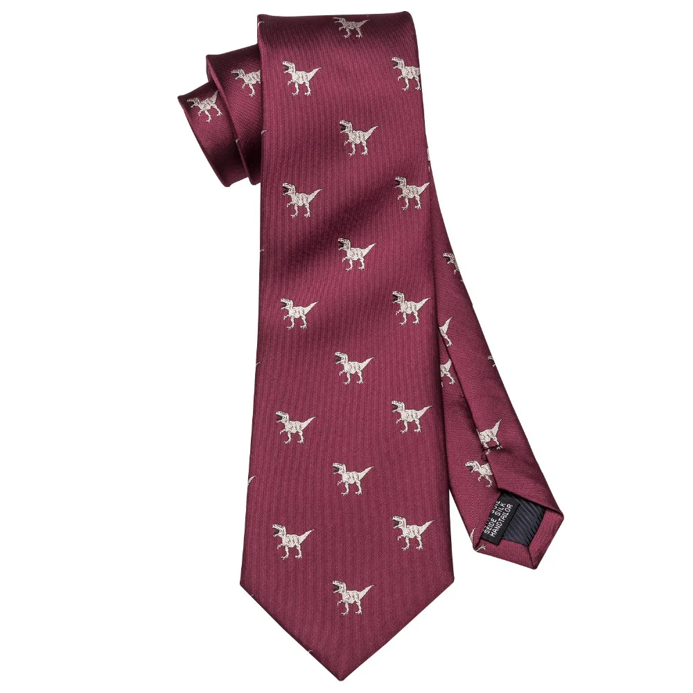 Men's Dinosaur Silk Tie Handkerchief and Cufflinks Set | Red