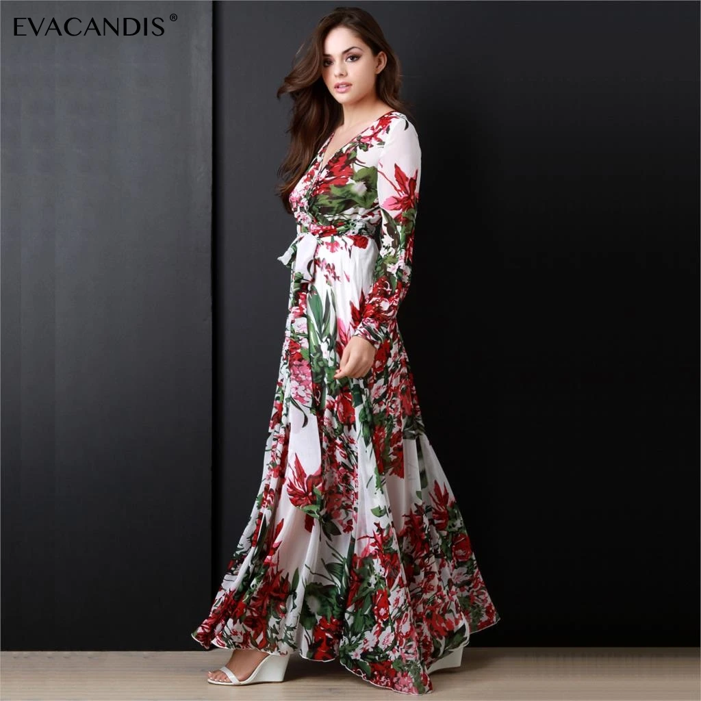 Floral Maxi Dress Long Sleeve V Neck Vintage Elegant White Chiffon Boho