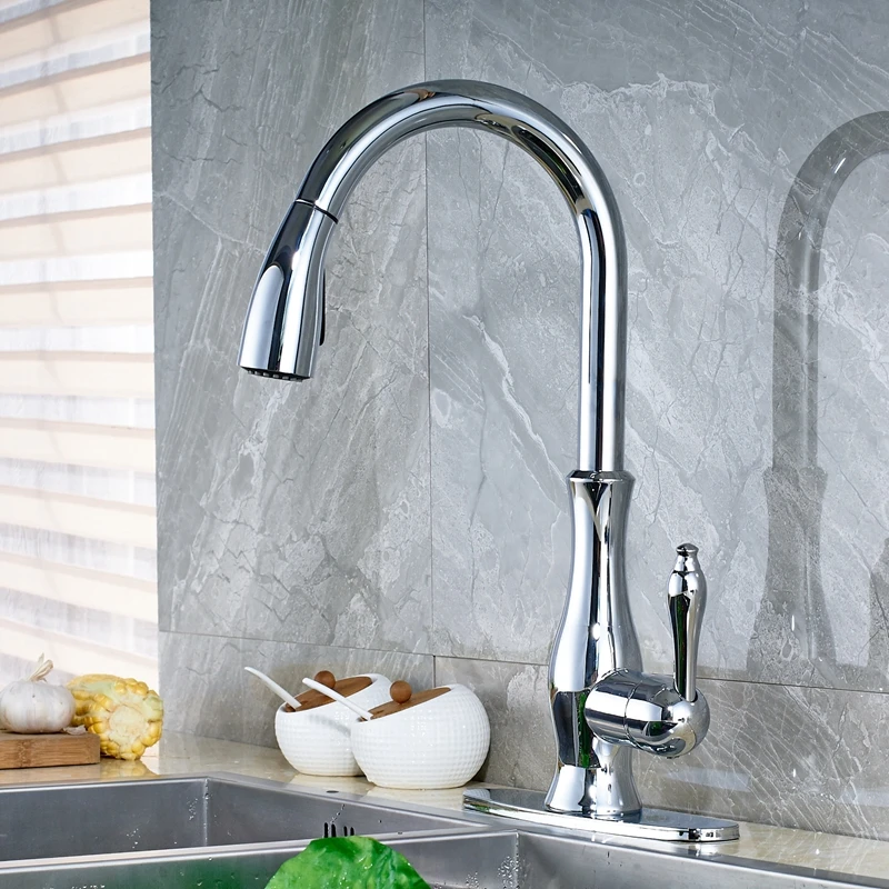 

Uythner Contemporary Chrome Finish Deck Mounted Single Handle Hole Kitchen Mixer Tap Faucet W/ Plate