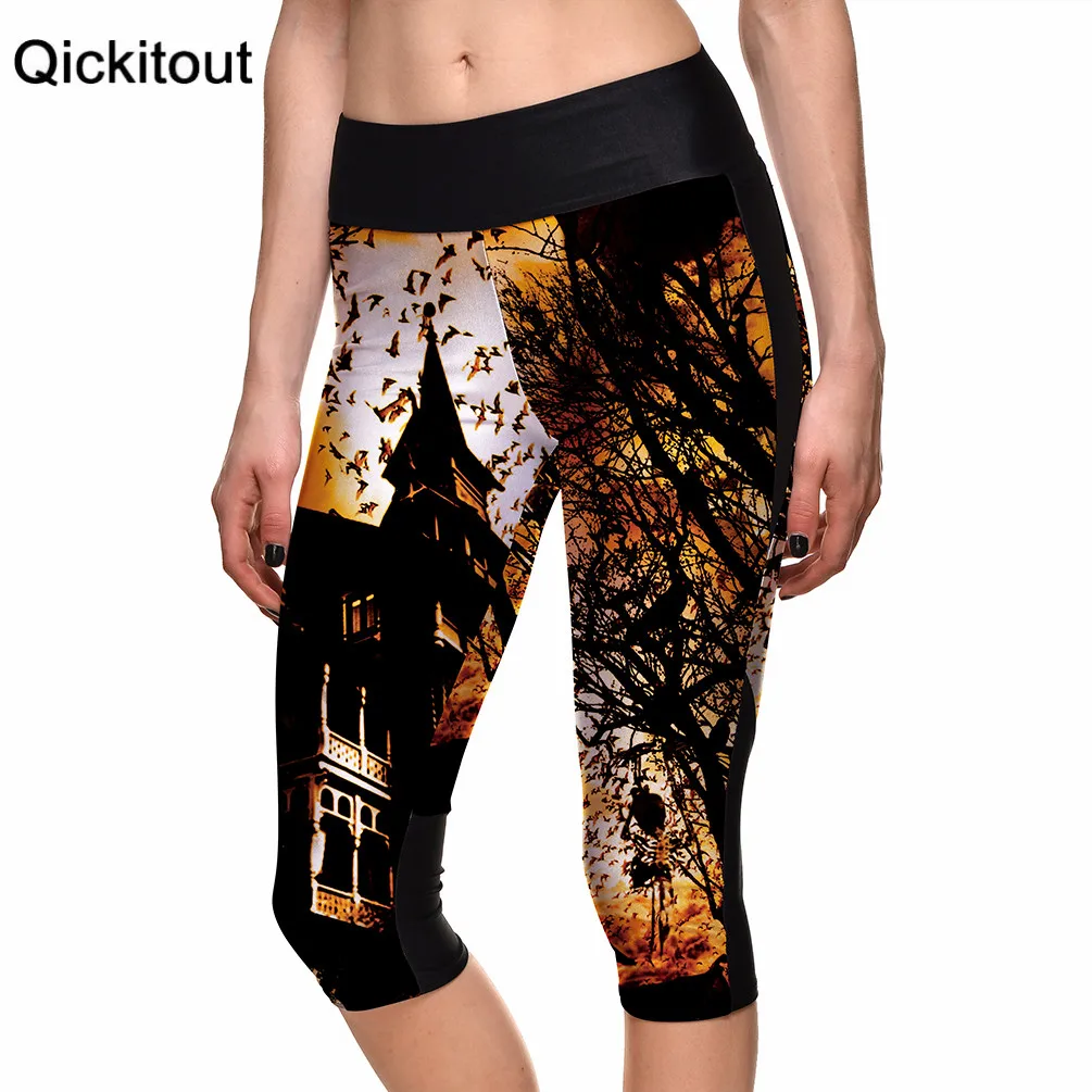 

Summer styles Sexy Hot women's 7 point pants Haunted Castle Crow digital print women high waist Side pocket phone pants