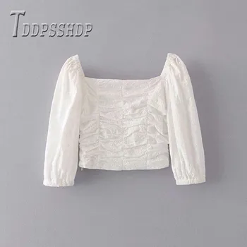 

2019 Retro Short Style Women Blouse Embroidery Solid Color Female Blouses